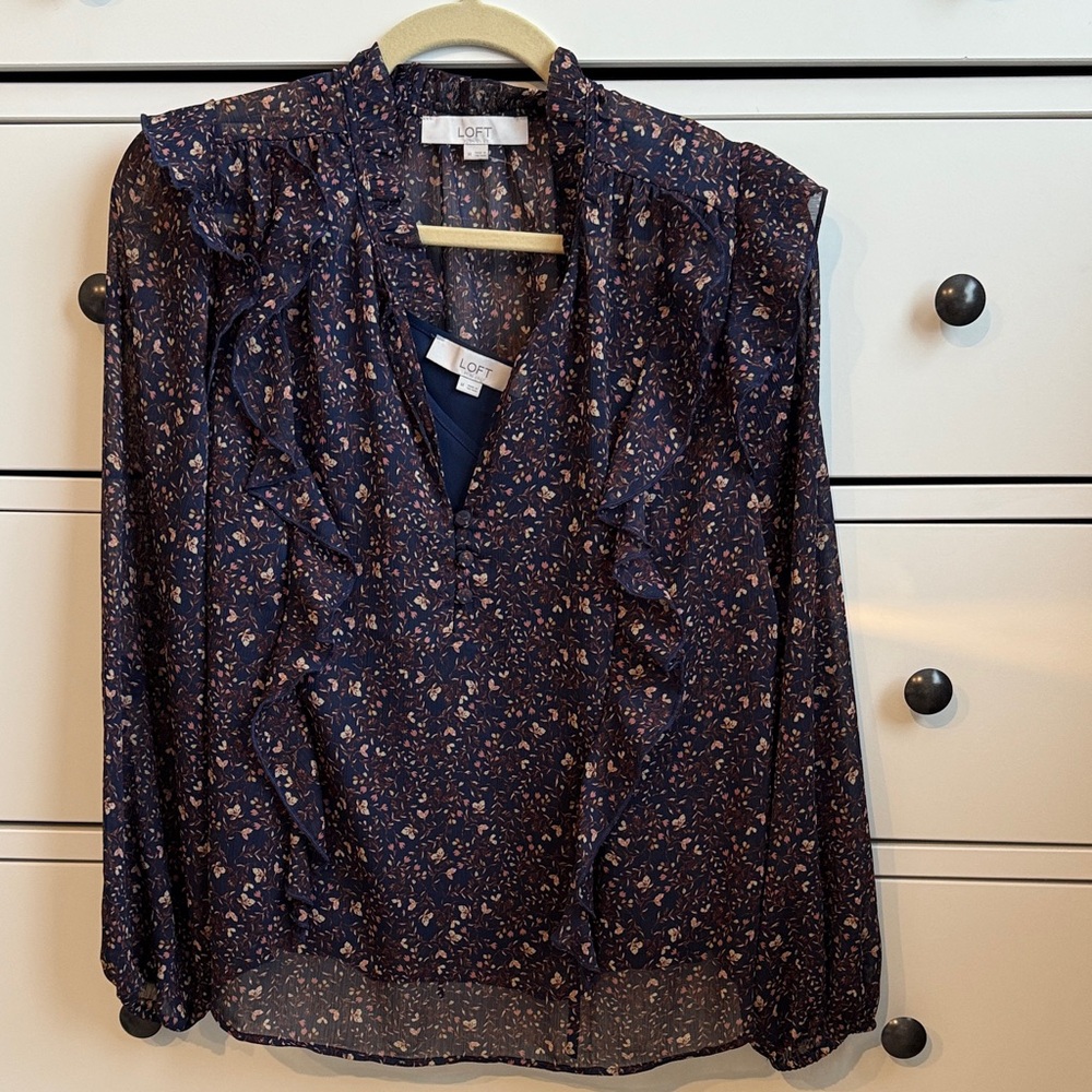 LOFT Dark Blue Floral Blouse with Ruffle Detail